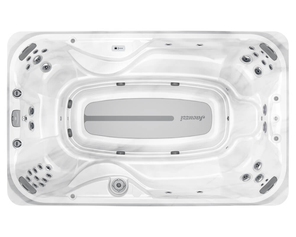 Top-down view of a white acrylic hot tub with multiple jets and a grey center lounge seat