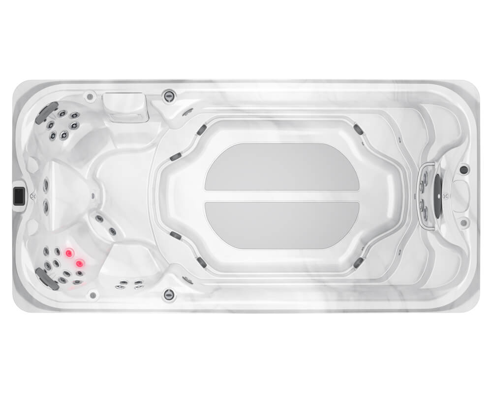 Top-down view of a white rectangular hot tub with multiple built-in seating areas and numerous jets.