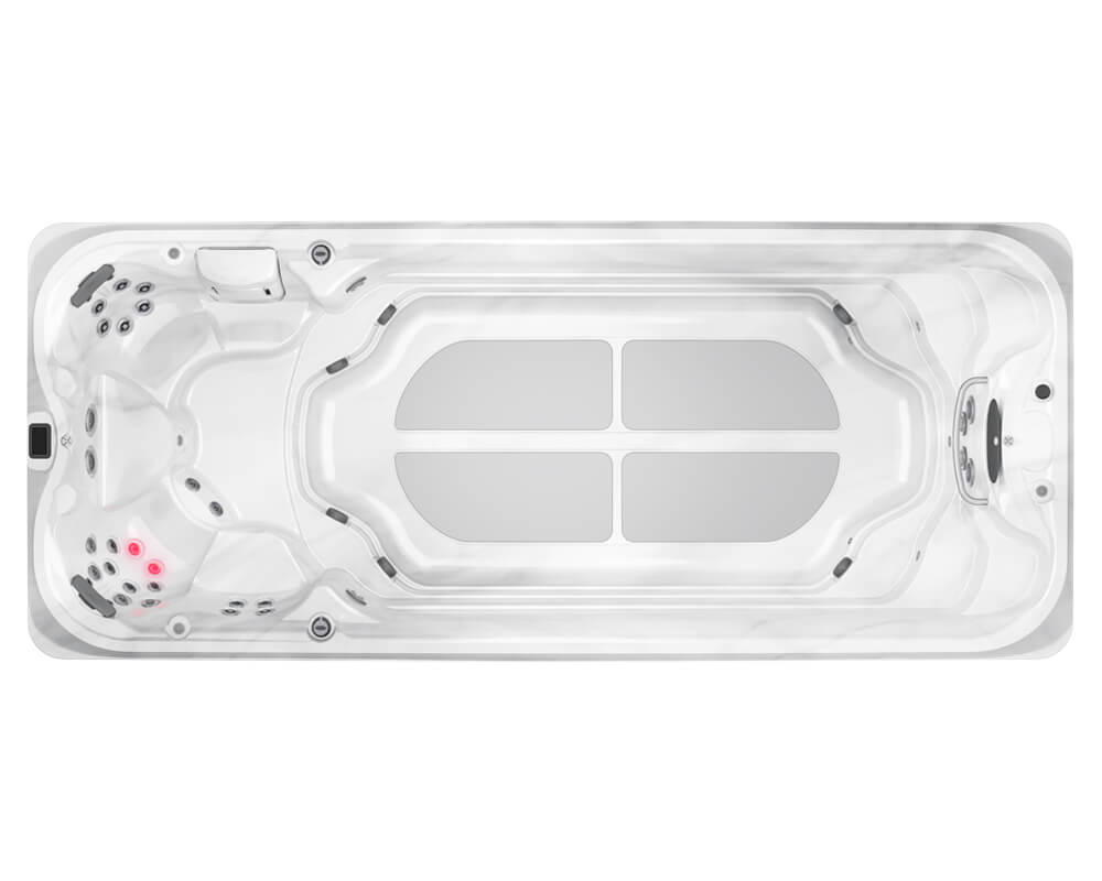 Top-down view of a white rectangular hot tub with built-in seating, jets, and four central gray lounge pads.