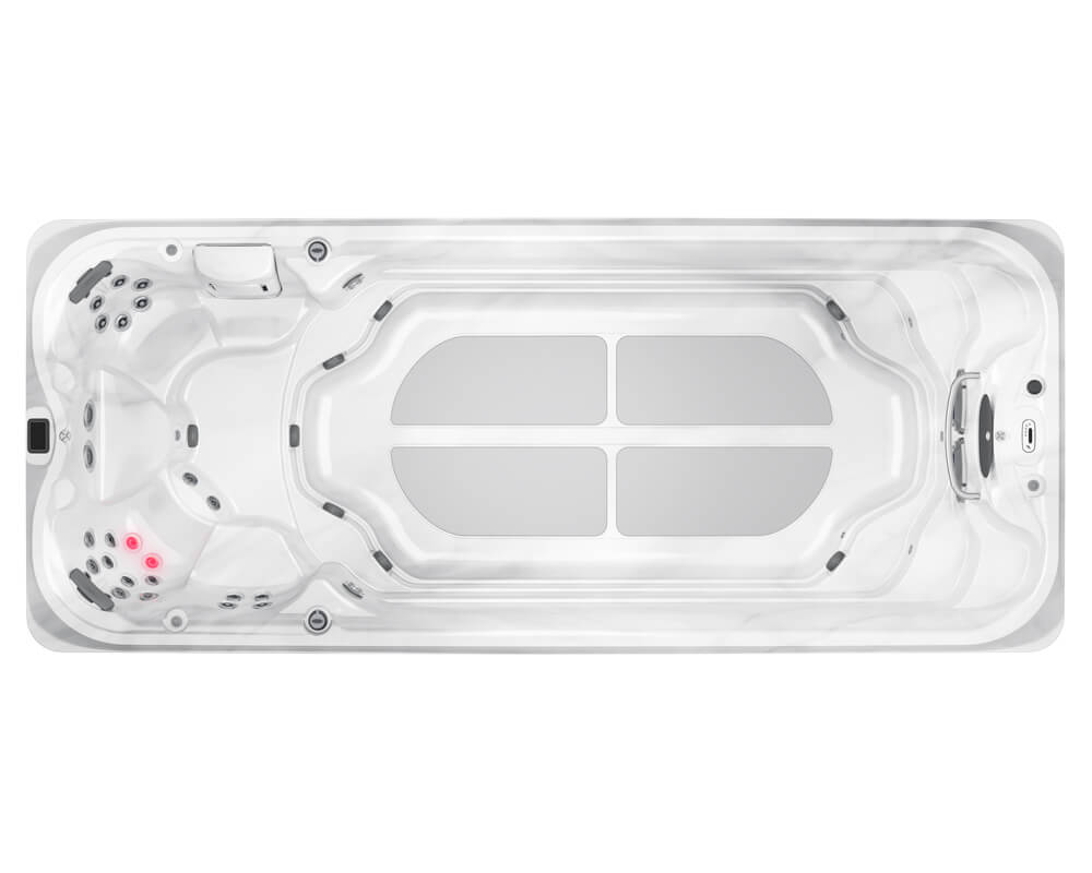 Top-down view of a white rectangular outdoor hot tub with built-in seating and multiple jets.